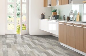 Vinyl flooring in kitchen next to backdoor